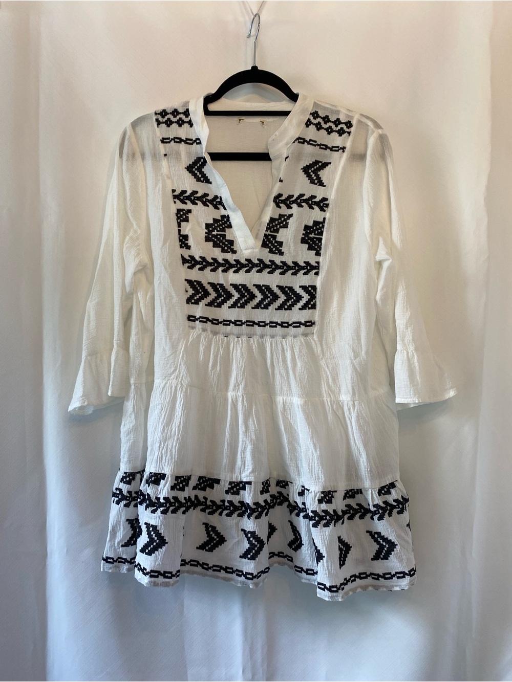 Cloth & Portrait 100% Cotton White Black Embroidered Boho Lined Tunic Top LG